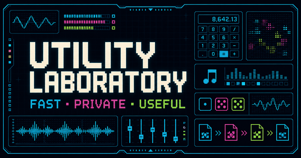 Utility Laboratory — Fast, Private, Useful, shown as a retro-futuristic utility dashboard